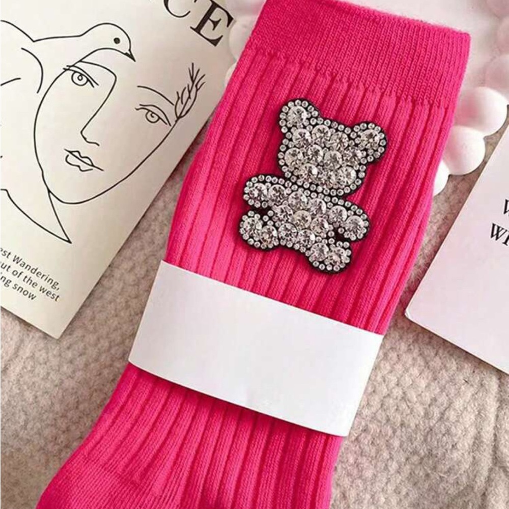 NEW-Pink Bear Embellished Socks
